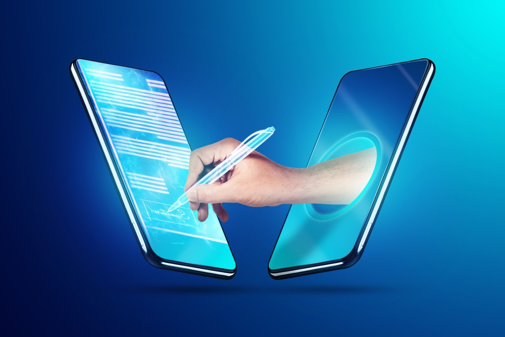 Ilustração digital de uma mão segurando uma caneta saindo de uma tela de smartphone e escrevendo na tela de um outro smartphone, simbolizando certificado digital