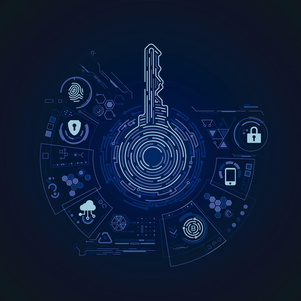 Uma chave ilustrada digitalmente, com efeito moderno e ao redor da chave ícones minimalistas como uma nuvem com conexões, um smartphone, biometria, cadeados... Simbolizando a validade de um certificado digital